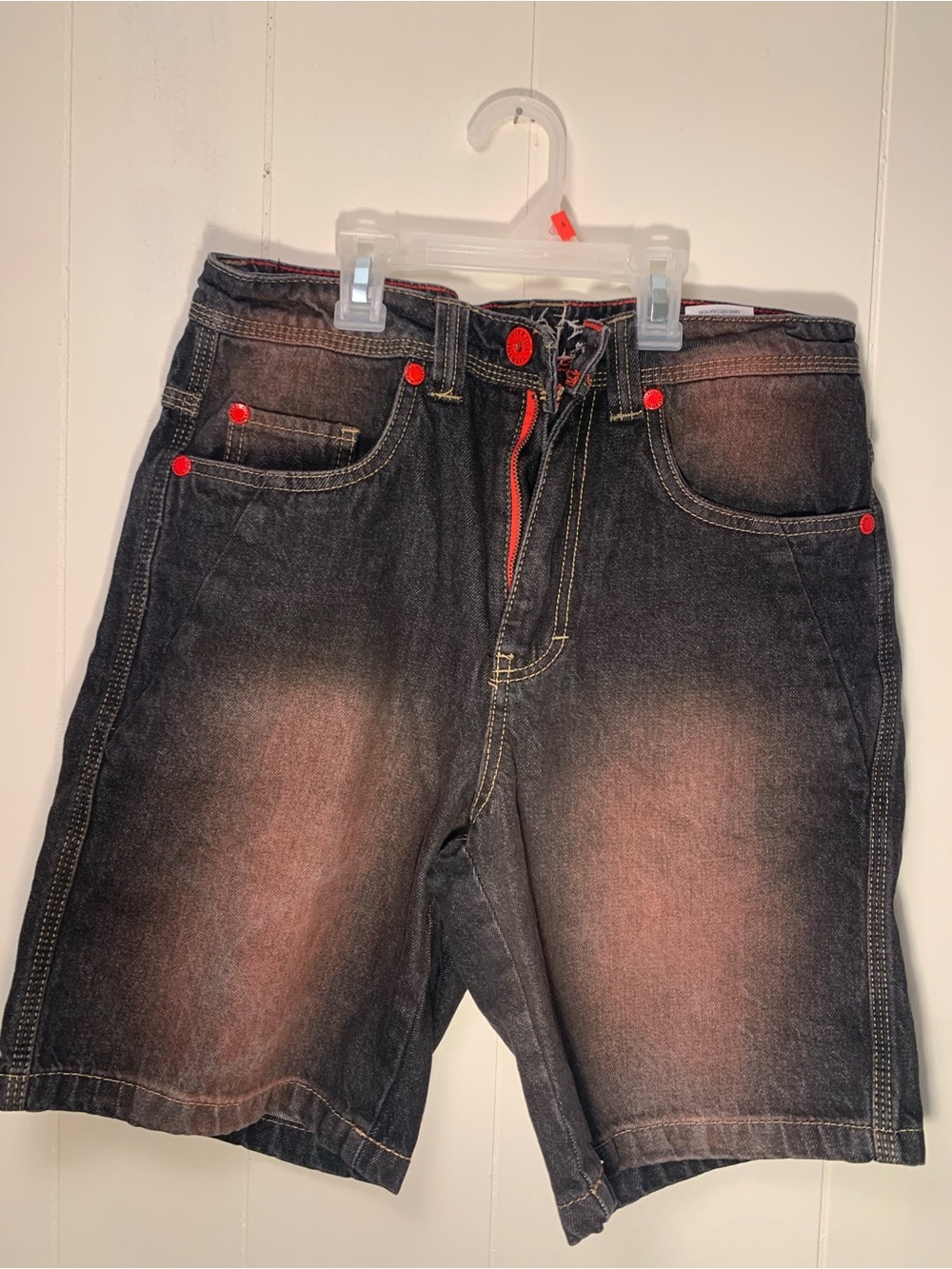Men's Vitriol Black Washed Jean Shorts with Red Accents